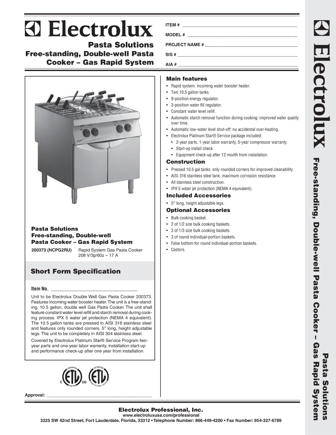 Electrolux 200373 warranty Pasta Solutions, Pasta Free-standing, Double-well Pasta Cooker Gas Rapid, Solutions System 