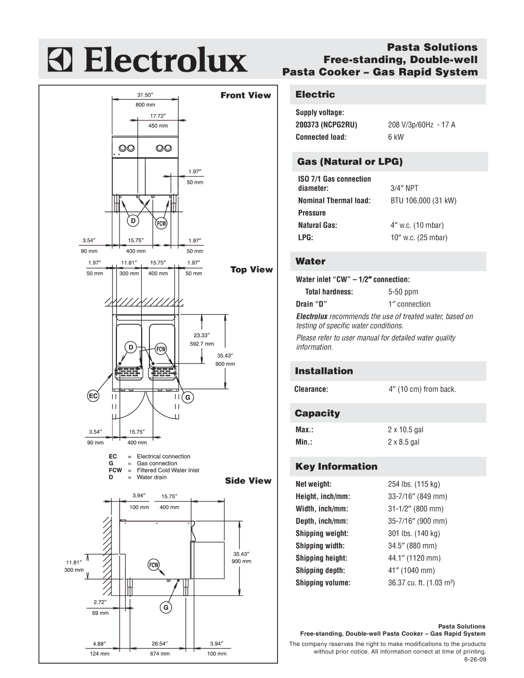 Electrolux NCPG2RU, 200373 warranty Electric, Gas Natural or LPG, Water, Installation, Capacity, Key Information 