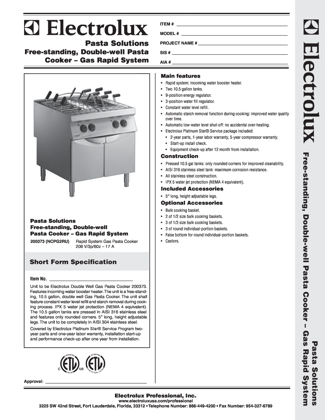 Electrolux 200373, NCPG2RU warranty Short Form Specification, Solutions System, Pasta Solutions Free-standing, Double-well 