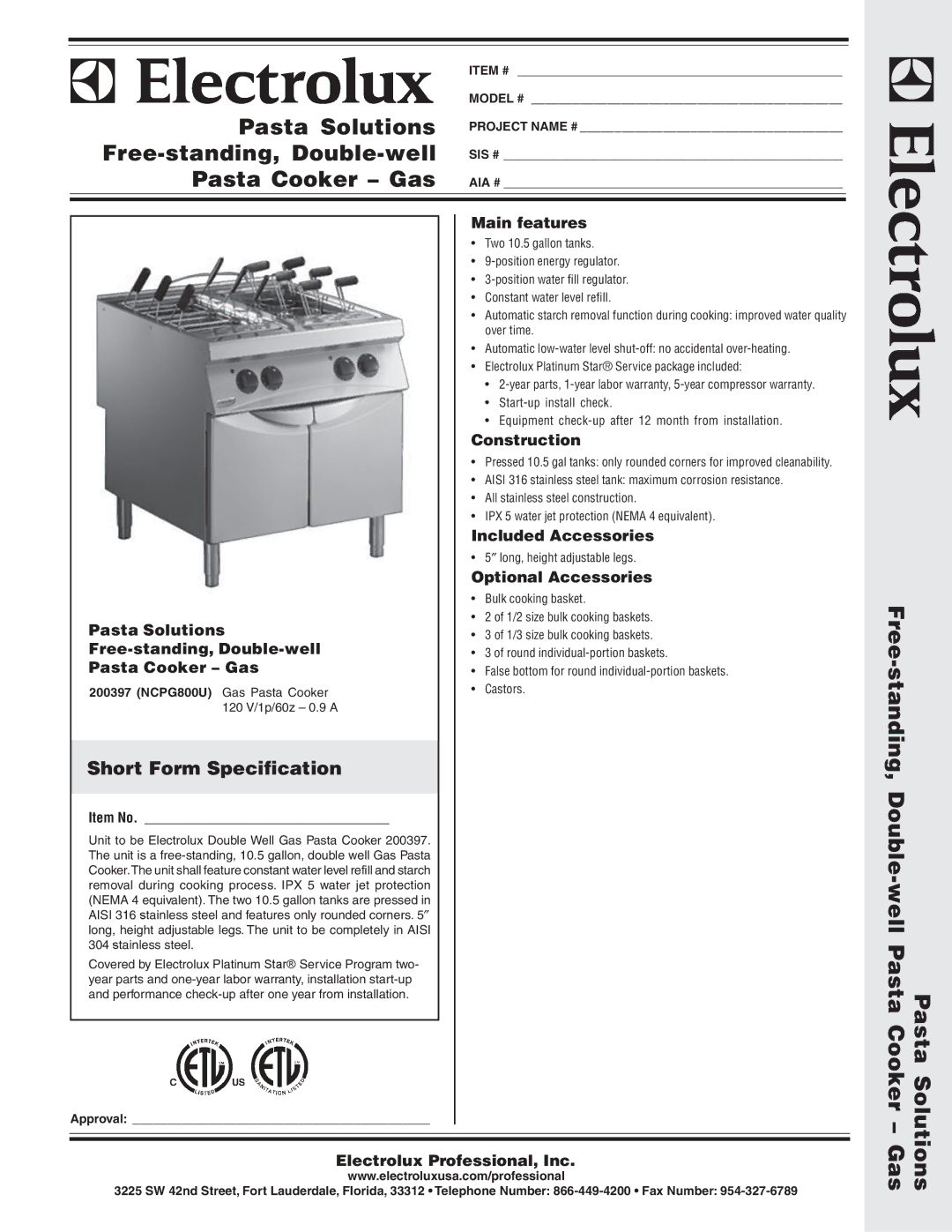 Electrolux 200397, NCPG800U manual Pasta Solutions, Free-standing, Double-well, Pasta Cooker Gas, Short Form Specification 