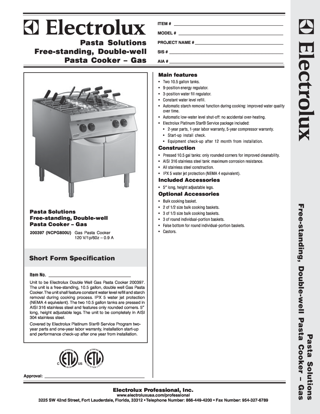 Electrolux 200397, NCPG800U manual Short Form Specification, Solutions - Gas, Pasta Solutions Free-standing, Double-well 
