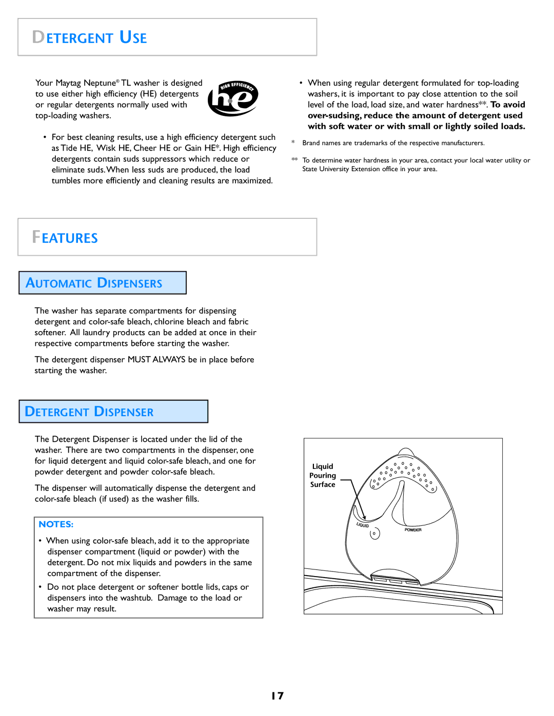 Electrolux Neptune operating instructions Detergent USE, Features, Automatic Dispensers, Detergent Dispenser 