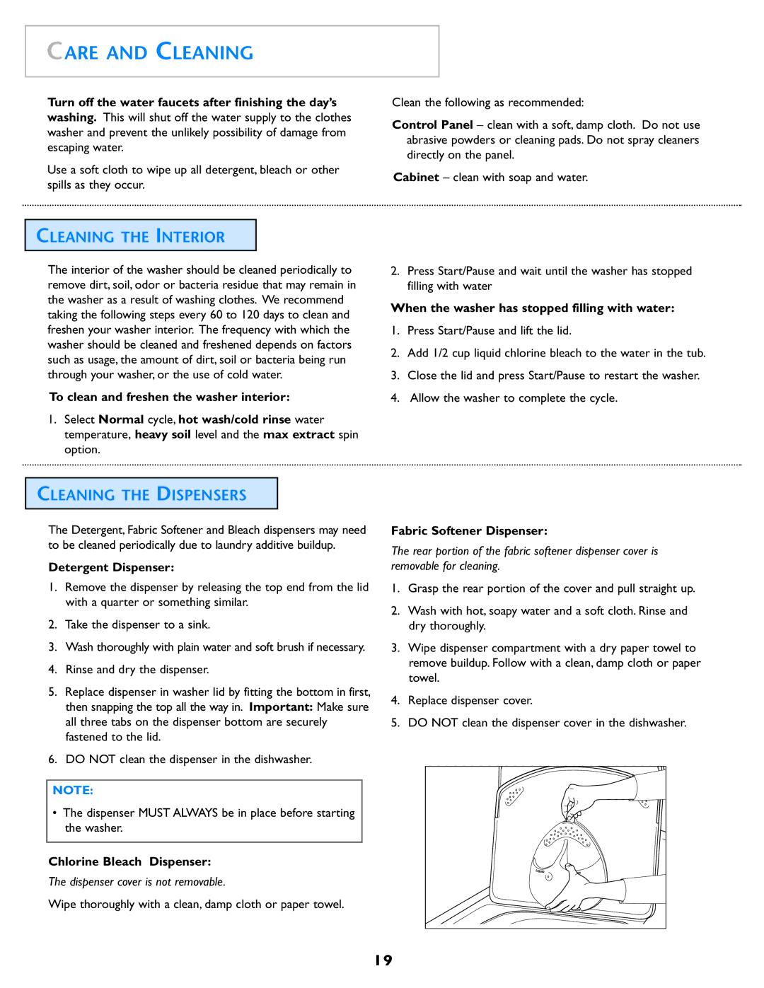 Electrolux Neptune operating instructions Care and Cleaning, Cleaning the Interior, Cleaning the Dispensers 