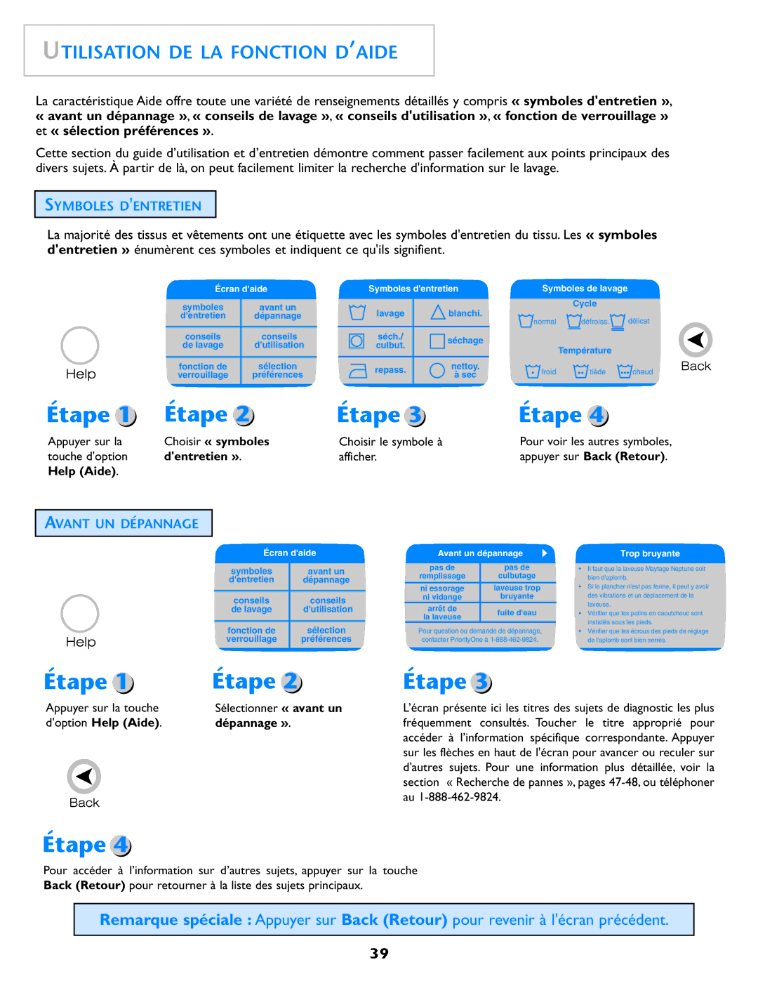 Electrolux Neptune operating instructions Utilisation DE LA Fonction D’AIDE, Symboles Dentretien, Avant UN Dépannage 