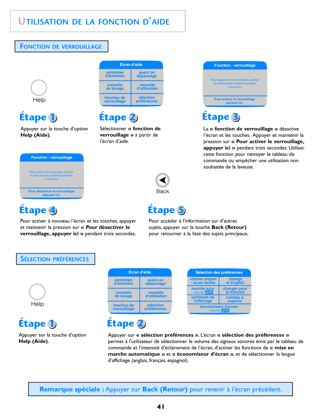 Electrolux Neptune operating instructions Fonction DE Verrouillage, Sélection Préférences 