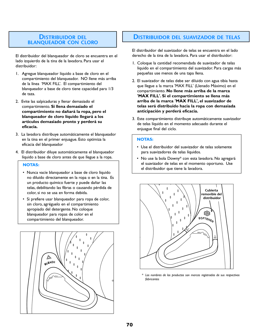 Electrolux Neptune operating instructions Distribuidor DEL Blanqueador CON Cloro, Distribuidor DEL Suavizador DE Telas 