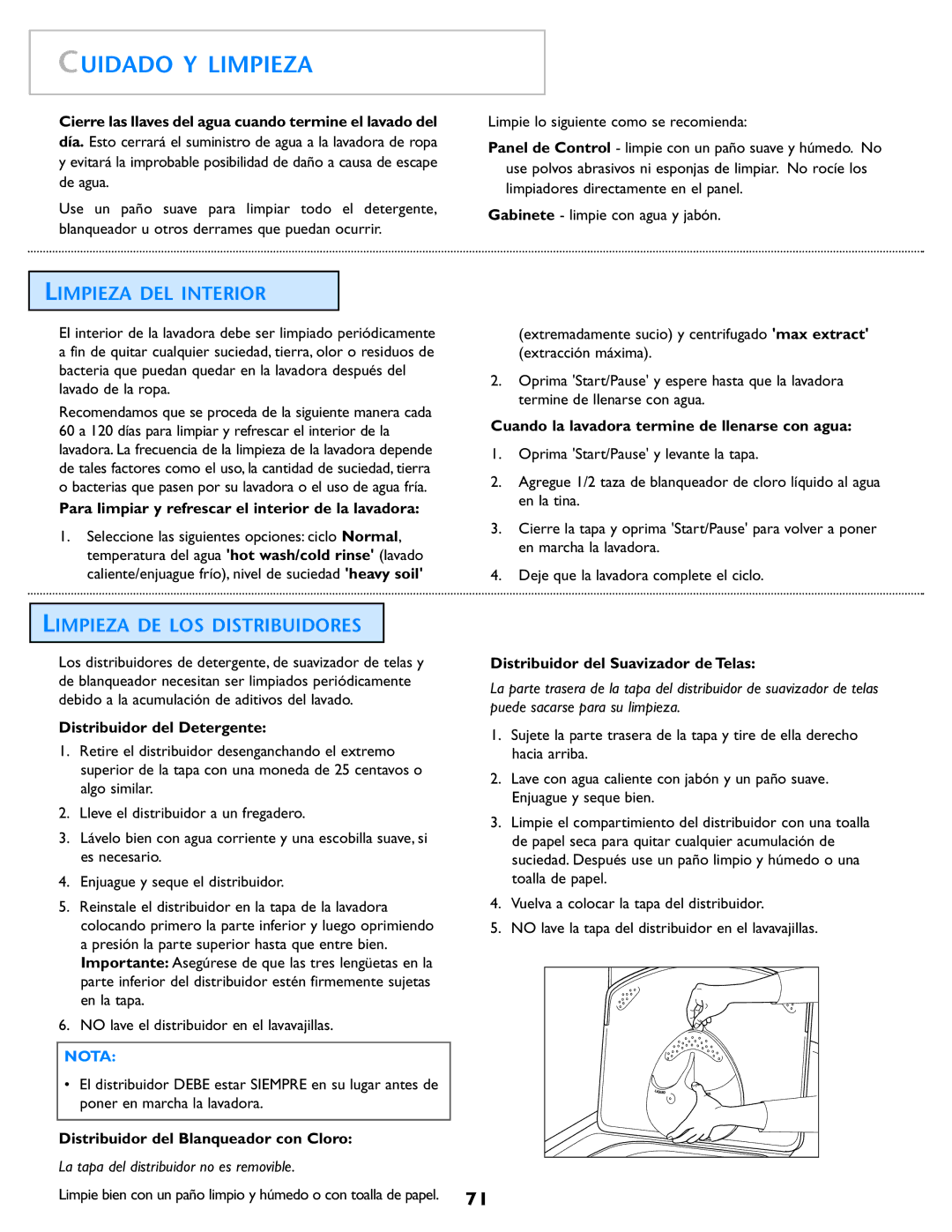 Electrolux Neptune operating instructions Cuidado Y Limpieza, Limpieza DEL Interior, Limpieza DE LOS Distribuidores 