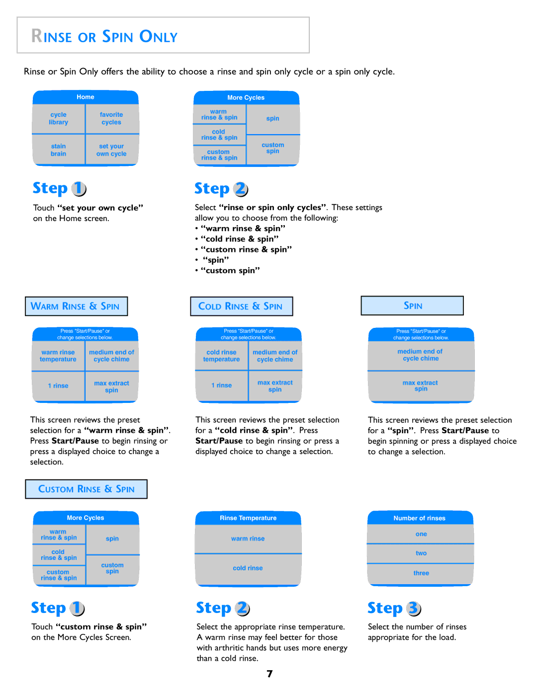 Electrolux Neptune operating instructions Rinse or Spin only, Touch set your own cycle, Selection for a warm rinse & spin 