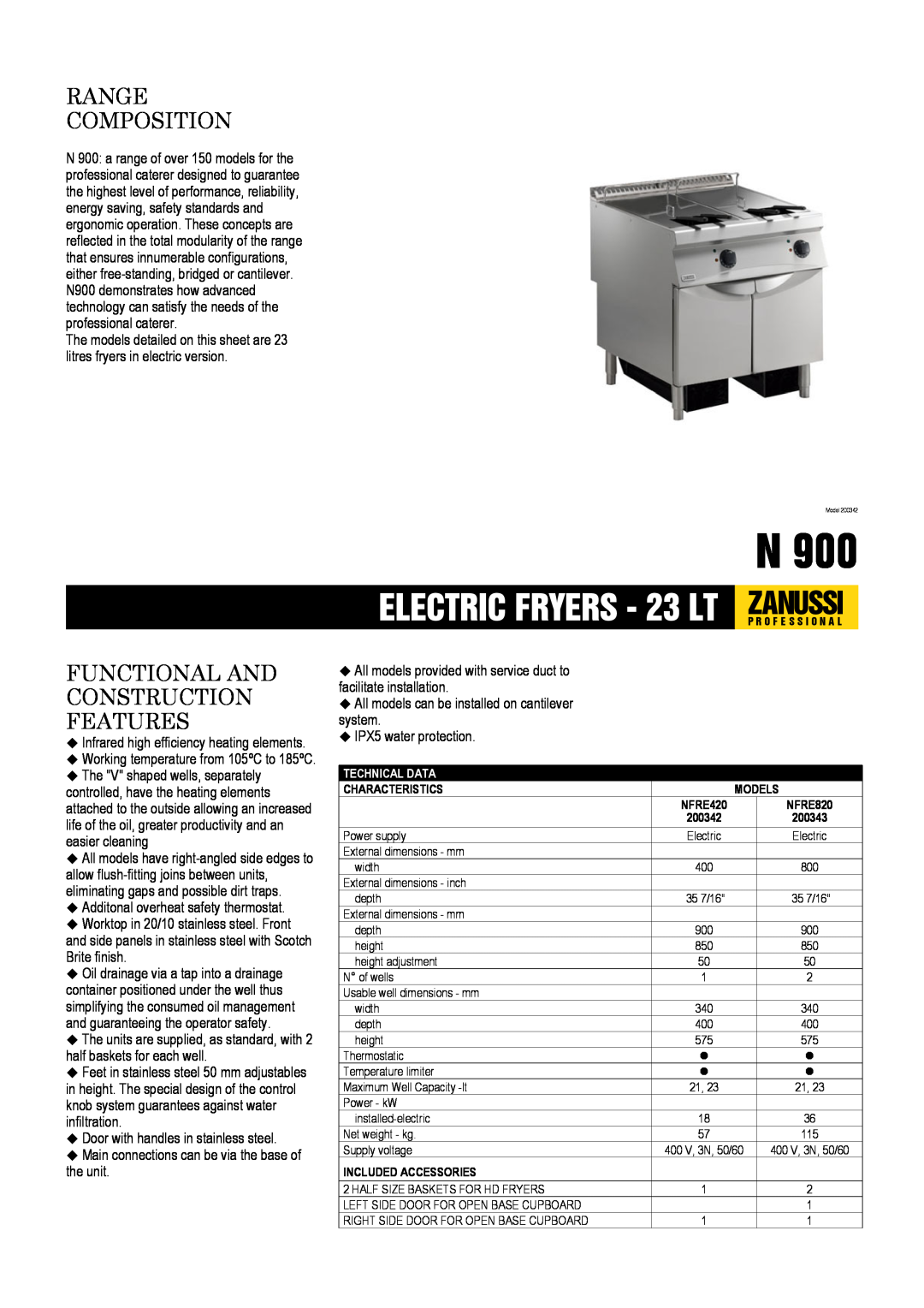 Electrolux NFRE820 dimensions Zanussi, ELECTRIC FRYERS - 23 LT, Range Composition, Functional And Construction Features 