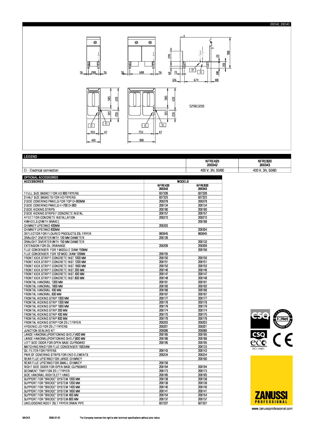 Electrolux NFRE420 Zanussi, EI - Electrical connection, NFRE820, 200342, 200343, 400 V, 3N, 50/60, P R O F E S S I O N A L 