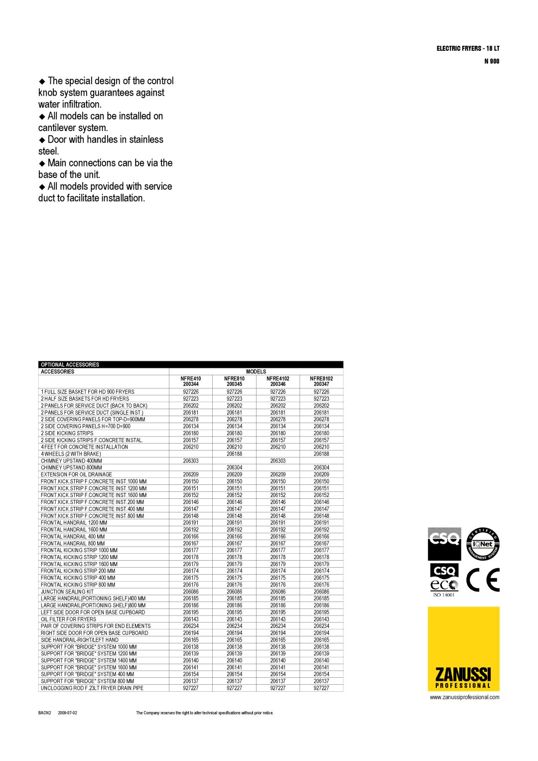 Electrolux NFRE4102, NFRE8102 dimensions Optional Accessories, Accessories Models 