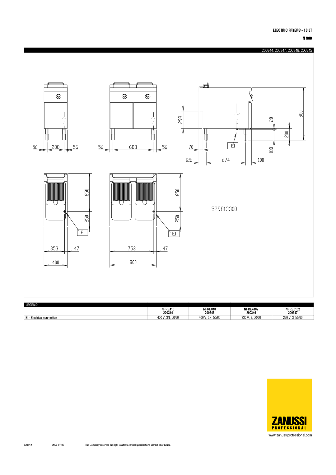 Electrolux NFRE8102, NFRE4102 dimensions 200344, 200347, 200346 