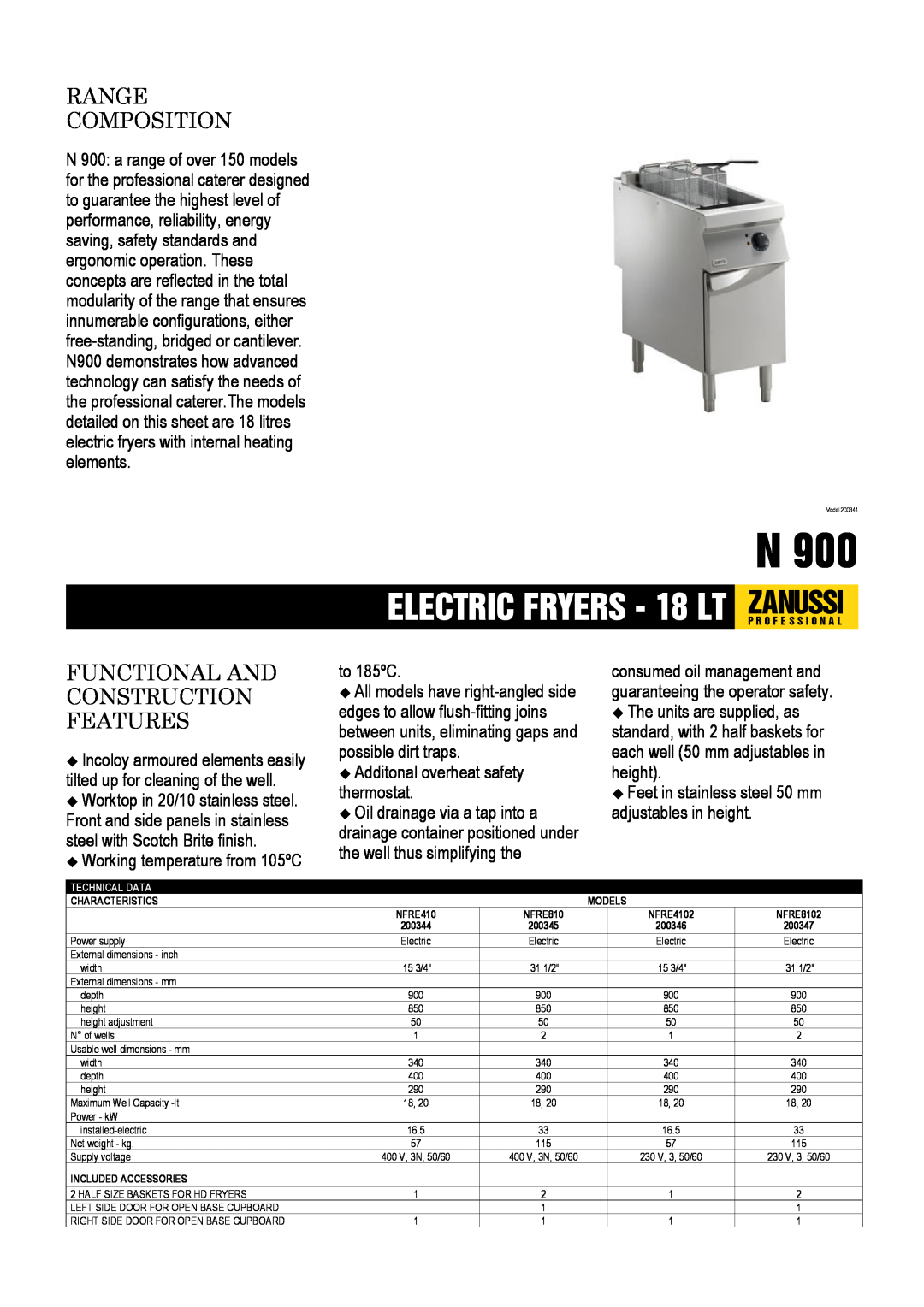 Electrolux NFRE8102, NFRE4102 dimensions ELECTRIC FRYERS - 18 LT ZANUSSIP R O F E S S I O N A L, Range Composition 