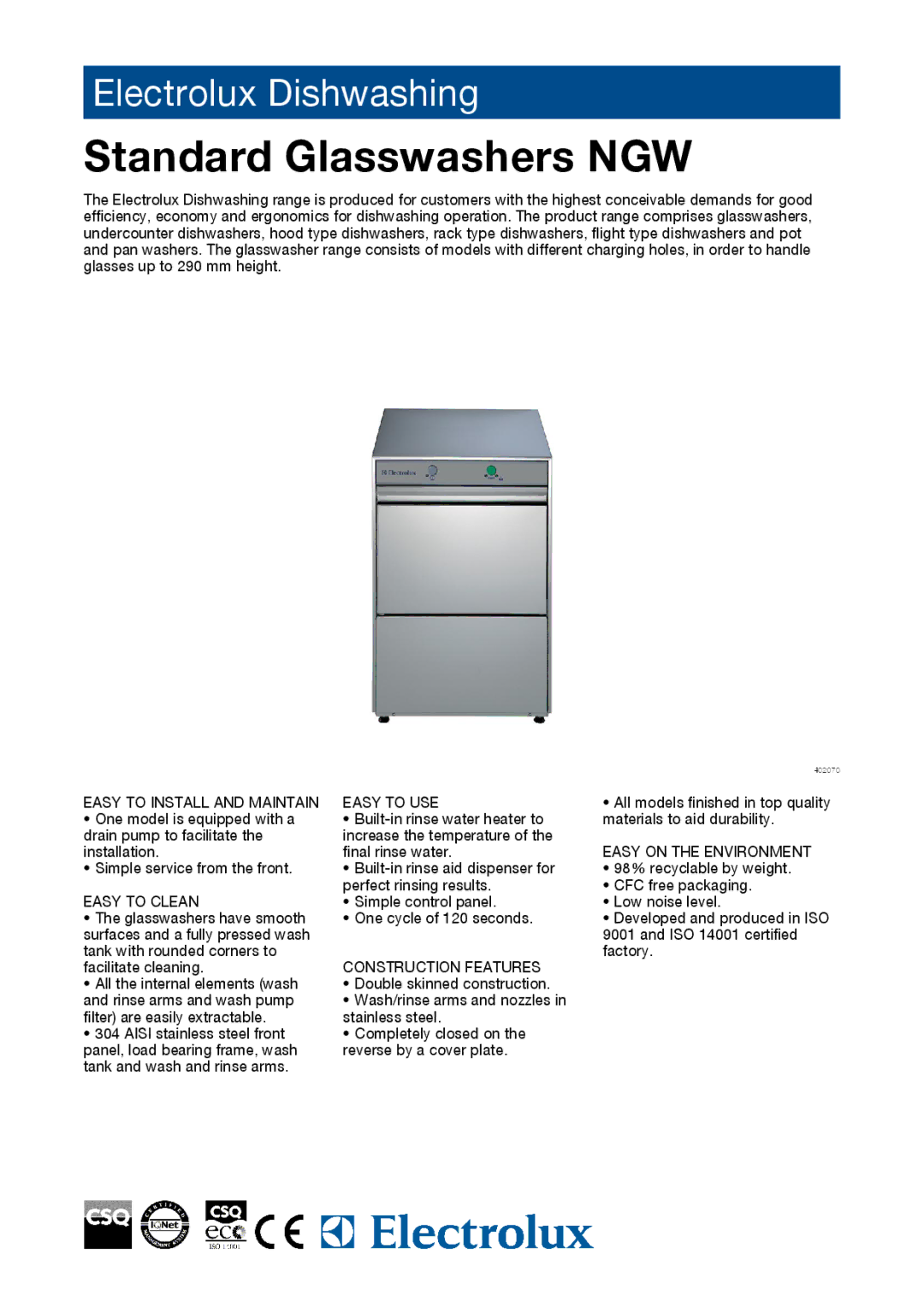 Electrolux NGWDPDD, 402070, 402071 manual Standard Glasswashers NGW 