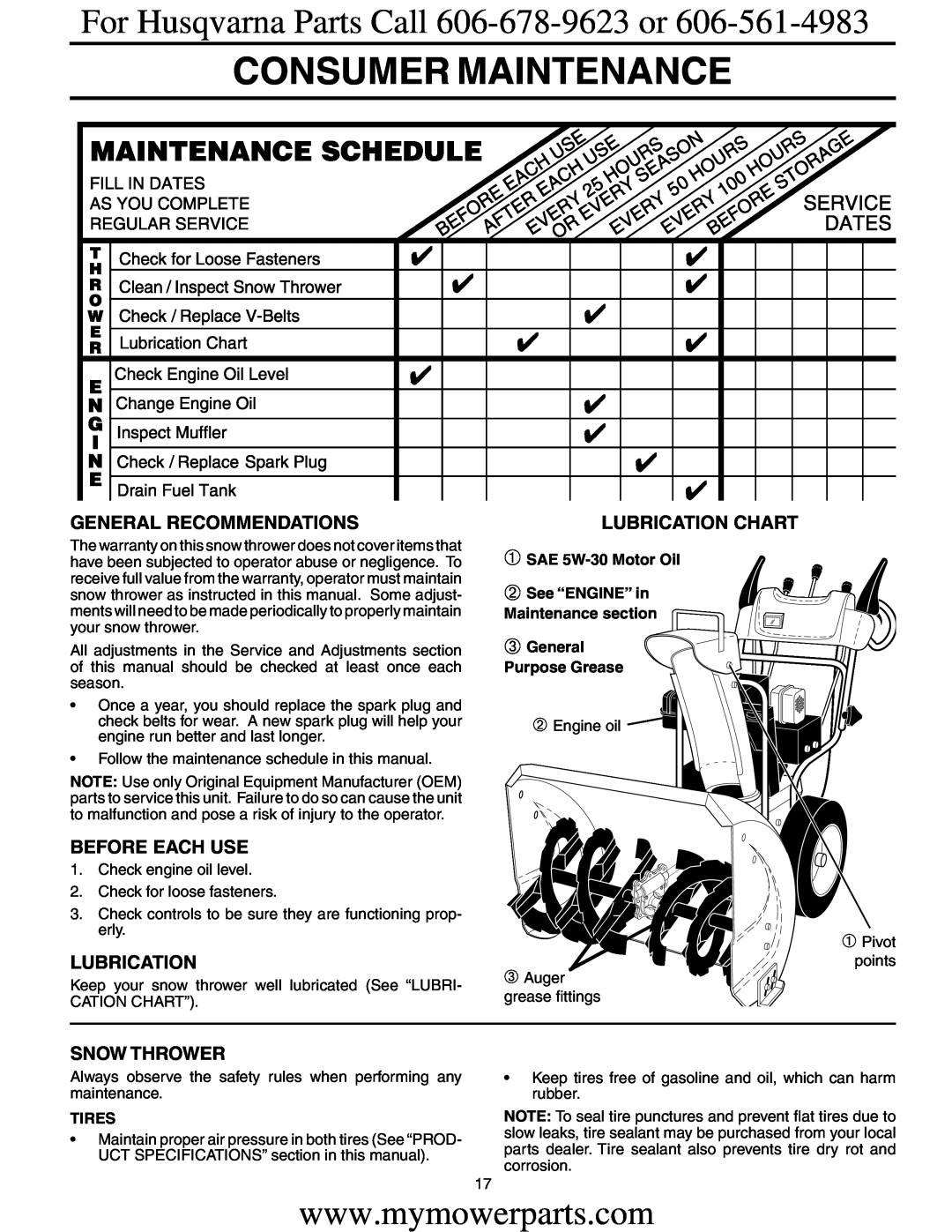 Electrolux OHV Consumer Maintenance, For Husqvarna Parts Call 606-678-9623 or, General Recommendations, Before Each Use 