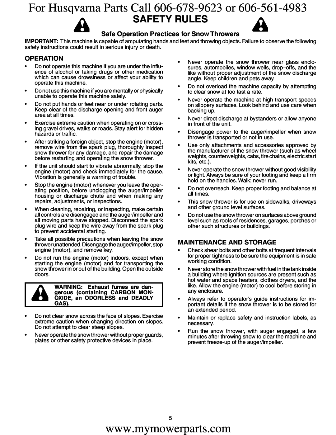 Electrolux OHV Safety Rules, For Husqvarna Parts Call 606-678-9623 or, Safe Operation Practices for Snow Throwers 