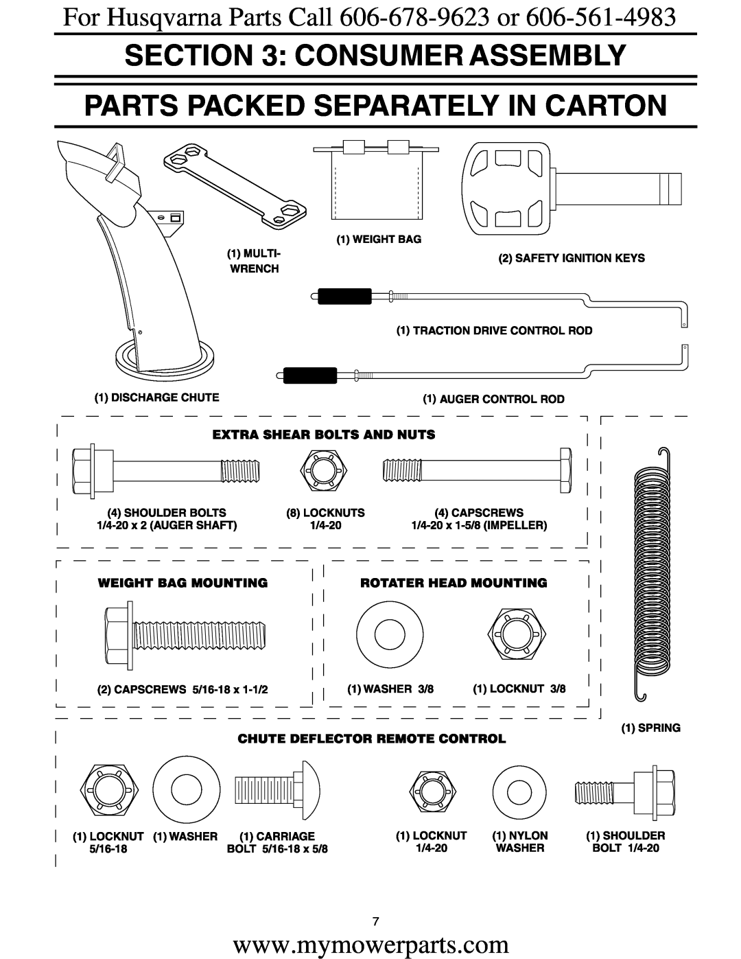 Electrolux OHV service manual Consumer Assembly Parts Packed Separately In Carton, For Husqvarna Parts Call 606-678-9623 or 