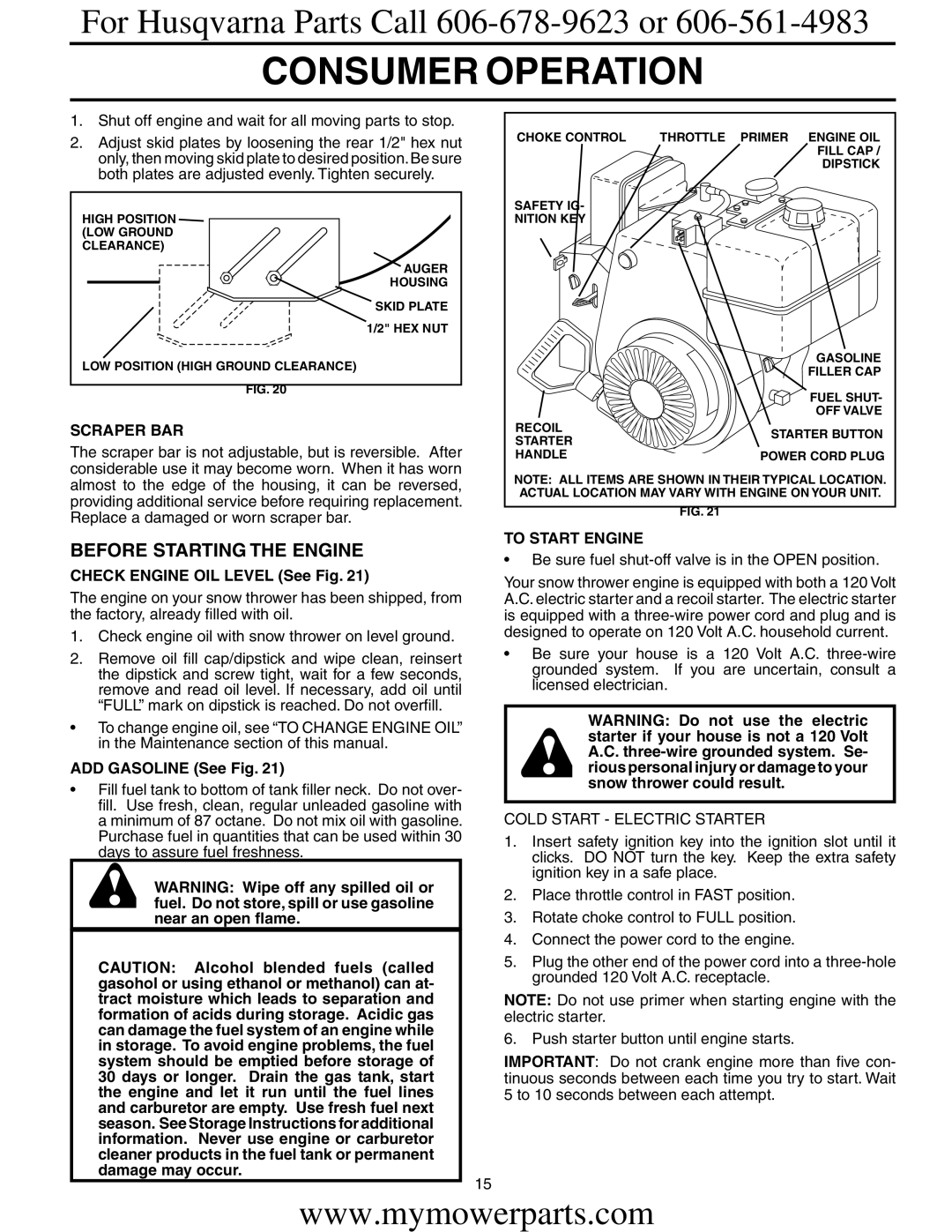 Electrolux OHV Before Starting the Engine, Check Engine OIL Level See Fig, ADD Gasoline See Fig, To Start Engine 