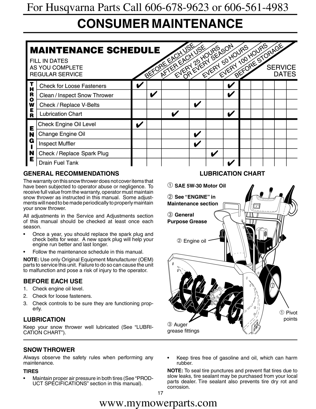 Electrolux OHV service manual Consumer Maintenance, General Recommendations, Before Each USE, Lubrication, Snow Thrower 