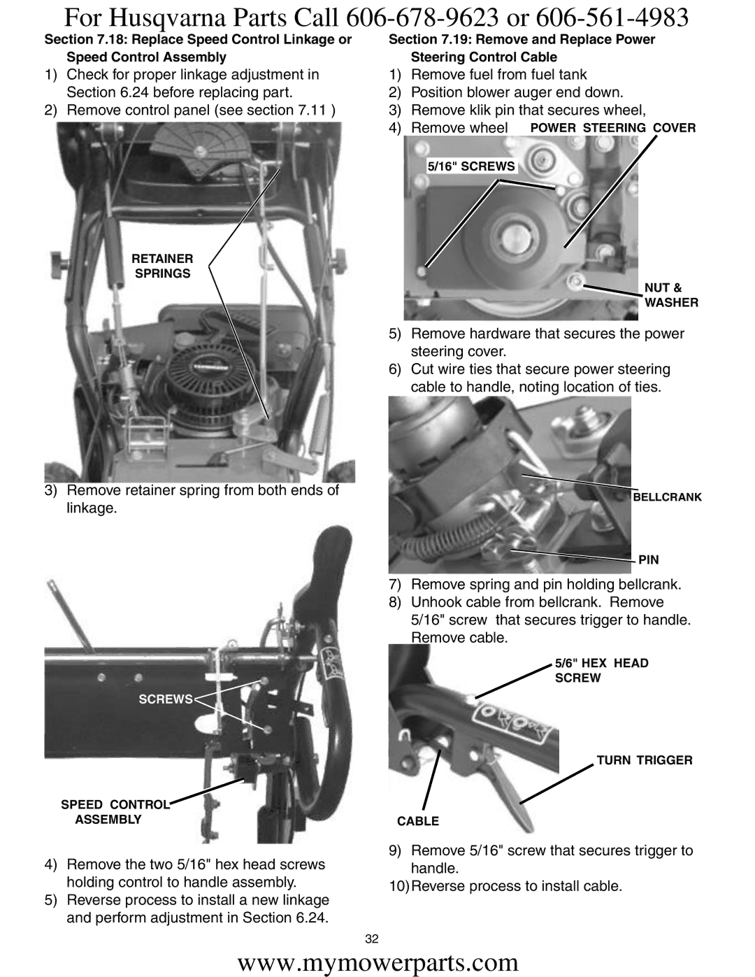 Electrolux OHV service manual Retainer Springs, Speed Control Assembly, NUT Washer, Pin, HEX Head Screw Turn Trigger Cable 