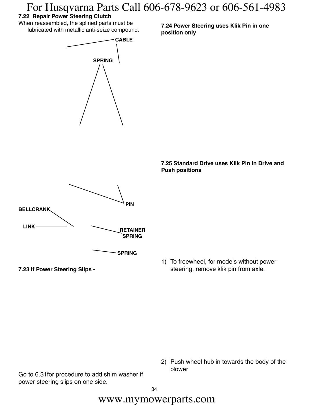 Electrolux OHV service manual Repair Power Steering Clutch, Cable Spring PIN Bellcrank Link Retainer 