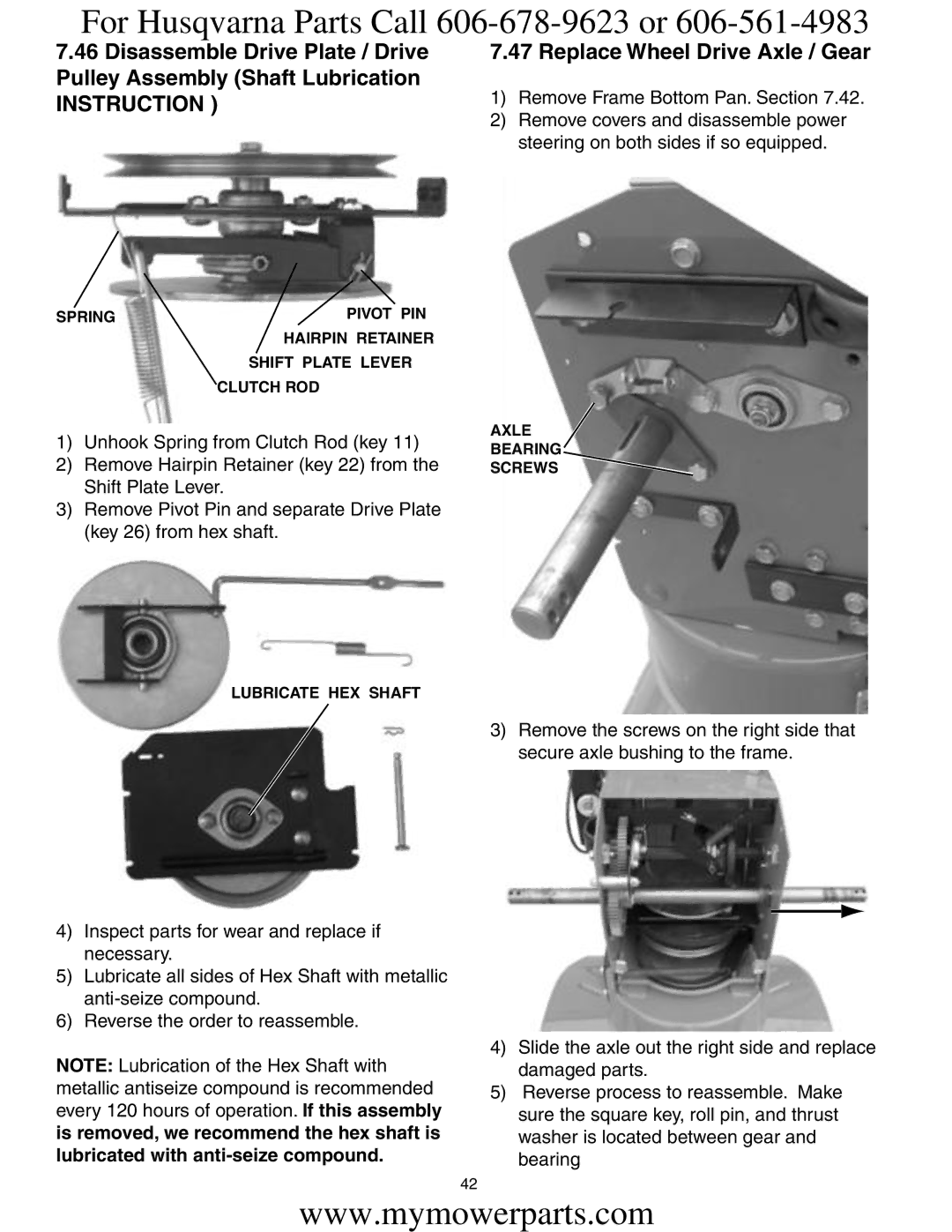 Electrolux OHV service manual Instruction, Lubricate HEX Shaft Axle Bearing Screws 