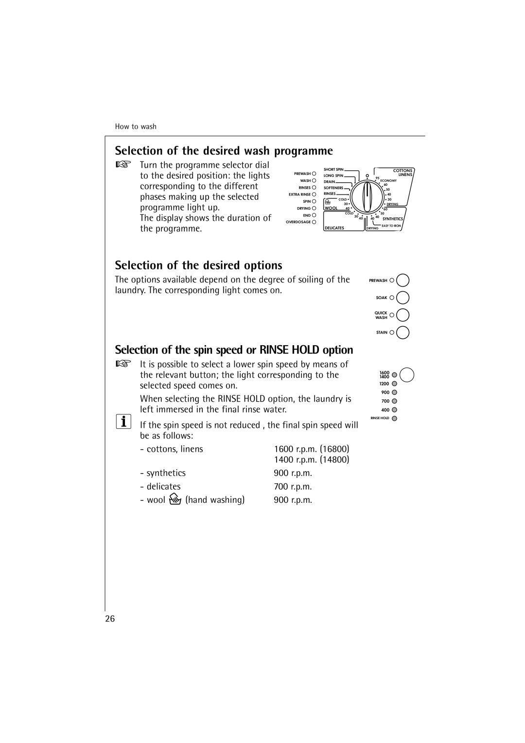 Electrolux LAVAMAT 14800 manual Selection of the desired wash programme, Selection of the desired options 