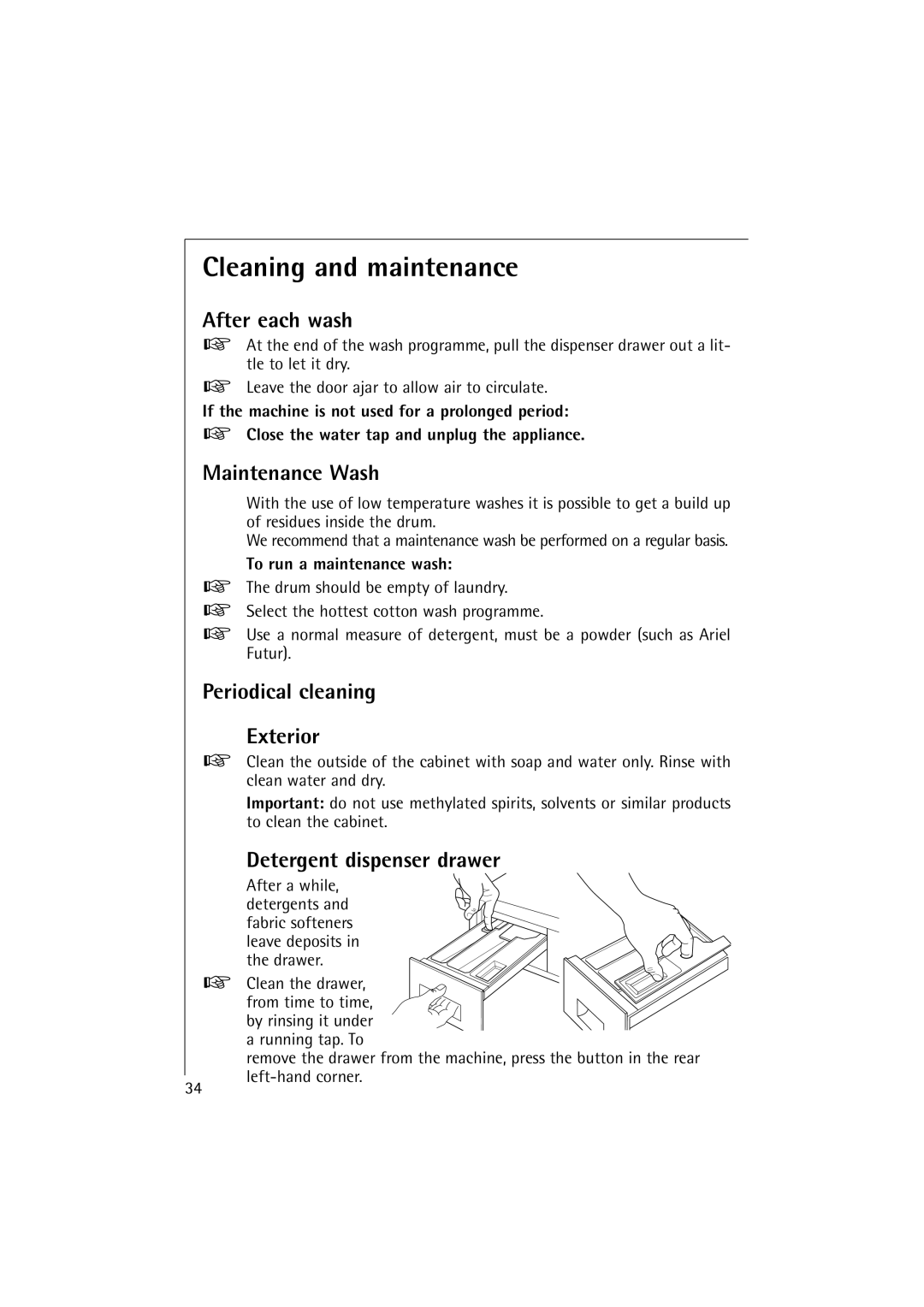 Electrolux LAVAMAT 14800 manual Cleaning and maintenance, After each wash, Maintenance Wash, Periodical cleaning Exterior 