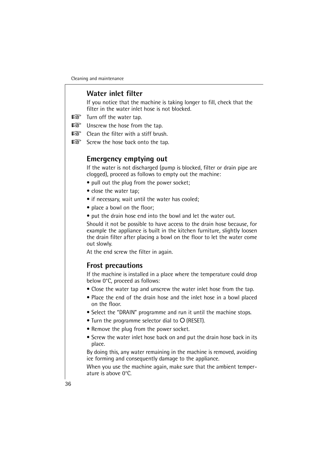 Electrolux LAVAMAT 14800, OKO-Lavamat 16800, Lavamat 14800 Water inlet filter, Emergency emptying out, Frost precautions 