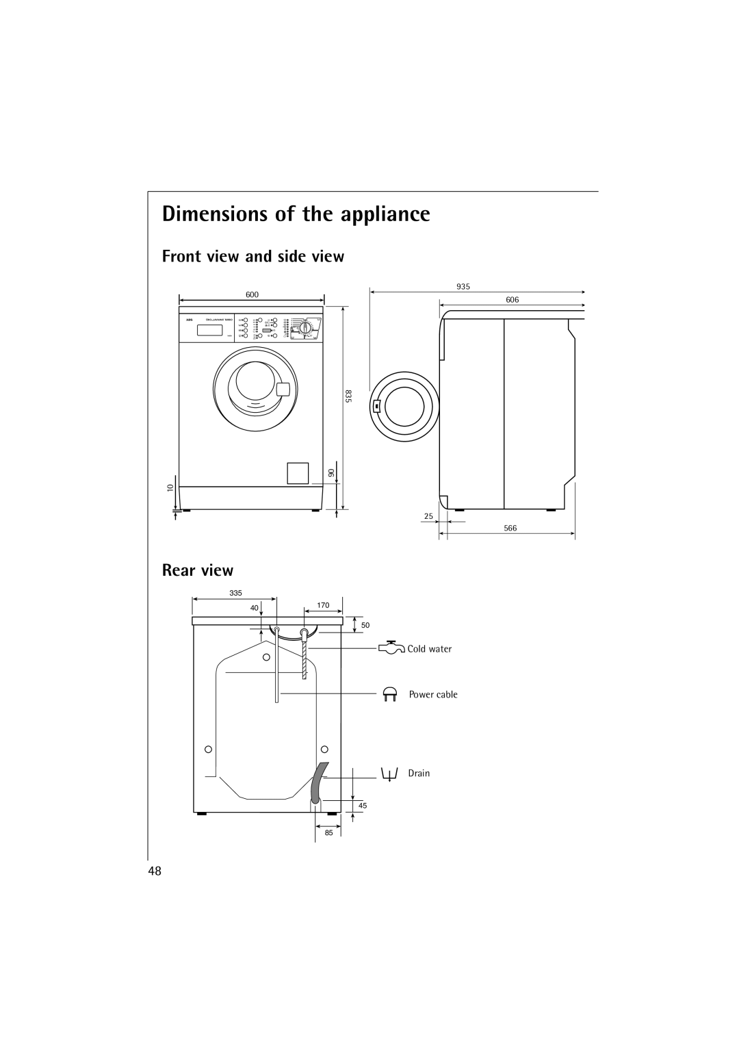 Electrolux LAVAMAT 14800, OKO-Lavamat 16800, Lavamat 14800 manual Dimensions of the appliance, Front view and side view 