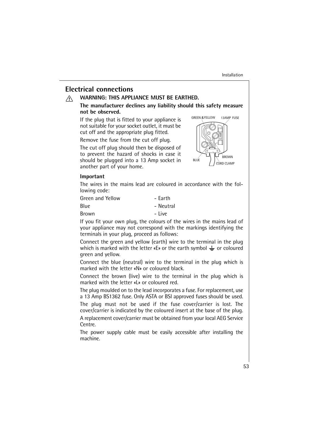 Electrolux OKO-Lavamat 16800, Lavamat 14800, LAVAMAT 14800 Electrical connections, Remove the fuse from the cut off plug 