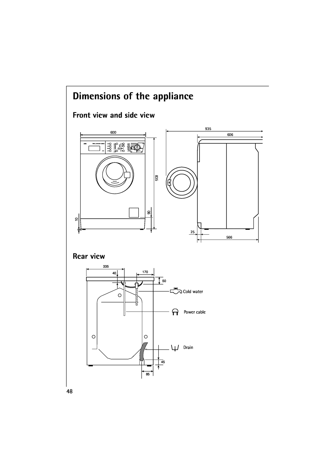 Electrolux LAVAMAT 14800 manual Dimensions of the appliance, Front view and side view, Rear view, Ökolavamat Turbo 