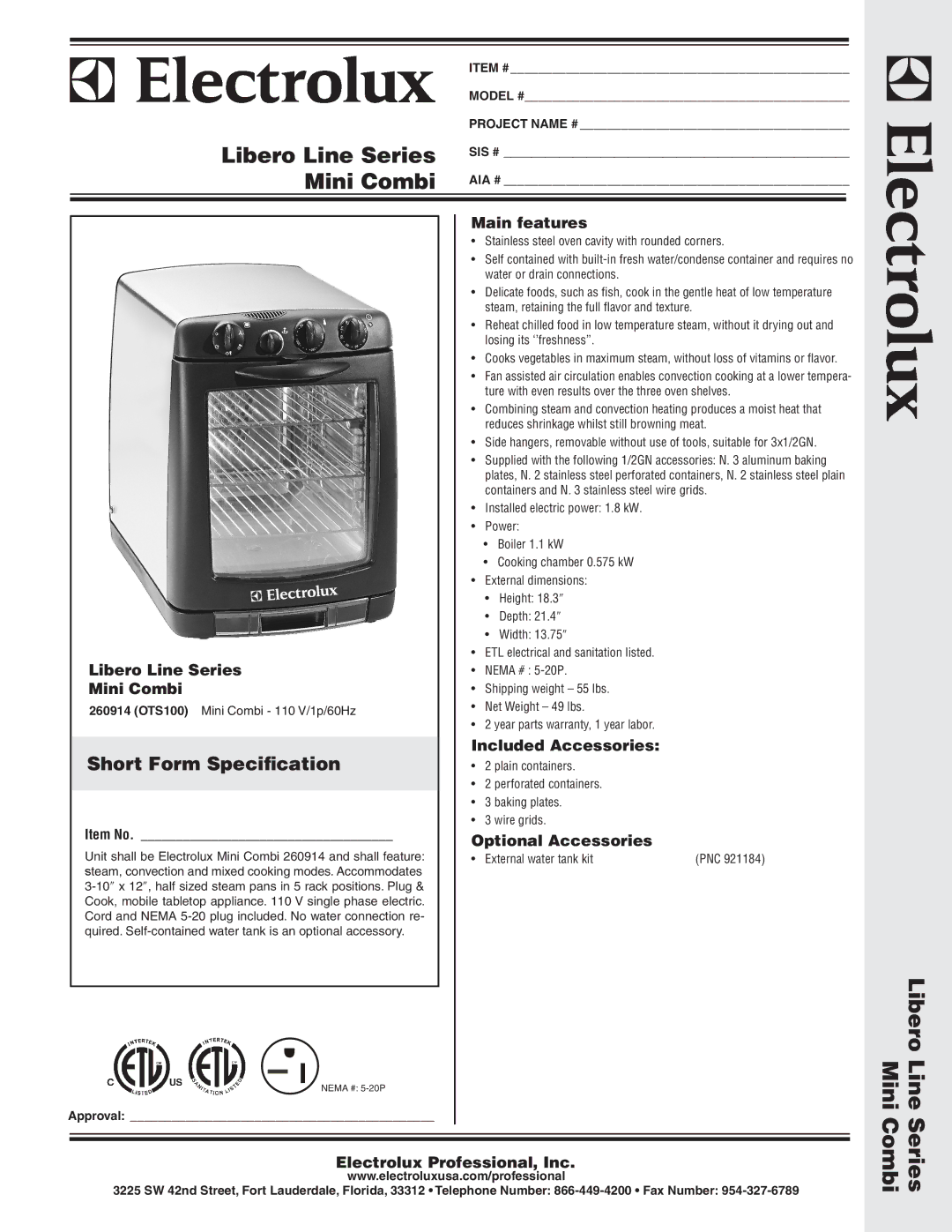 Electrolux 260914, OTS100 dimensions Libero Line Series Mini Combi, Short Form Specification 