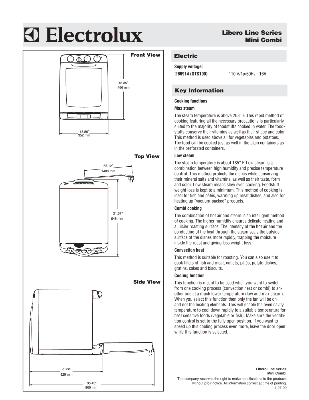 Electrolux OTS100, 260914 dimensions Libero Line Series, Mini Combi, Front View, Top View, Side View 