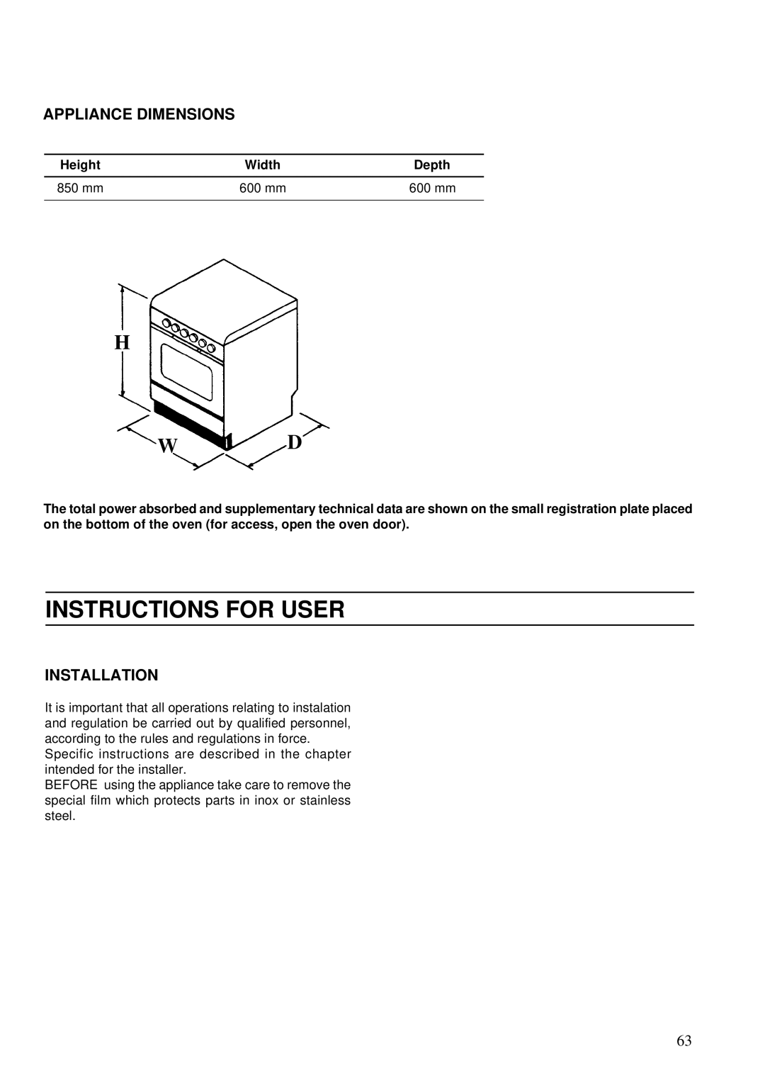 Electrolux Oven brochure Instructions for User, Appliance Dimensions, Installation 