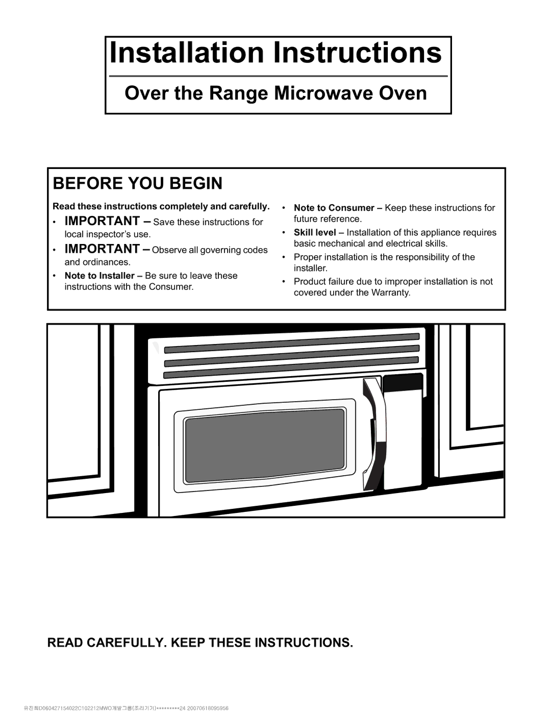 Electrolux Over The Range Microwave Oven installation instructions Installation Instructions, Before YOU Begin 