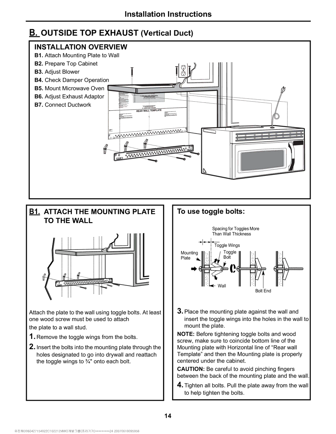 Electrolux Over The Range Microwave Oven Installation Overview, B1. Attach the Mounting Plate, To the Wall 