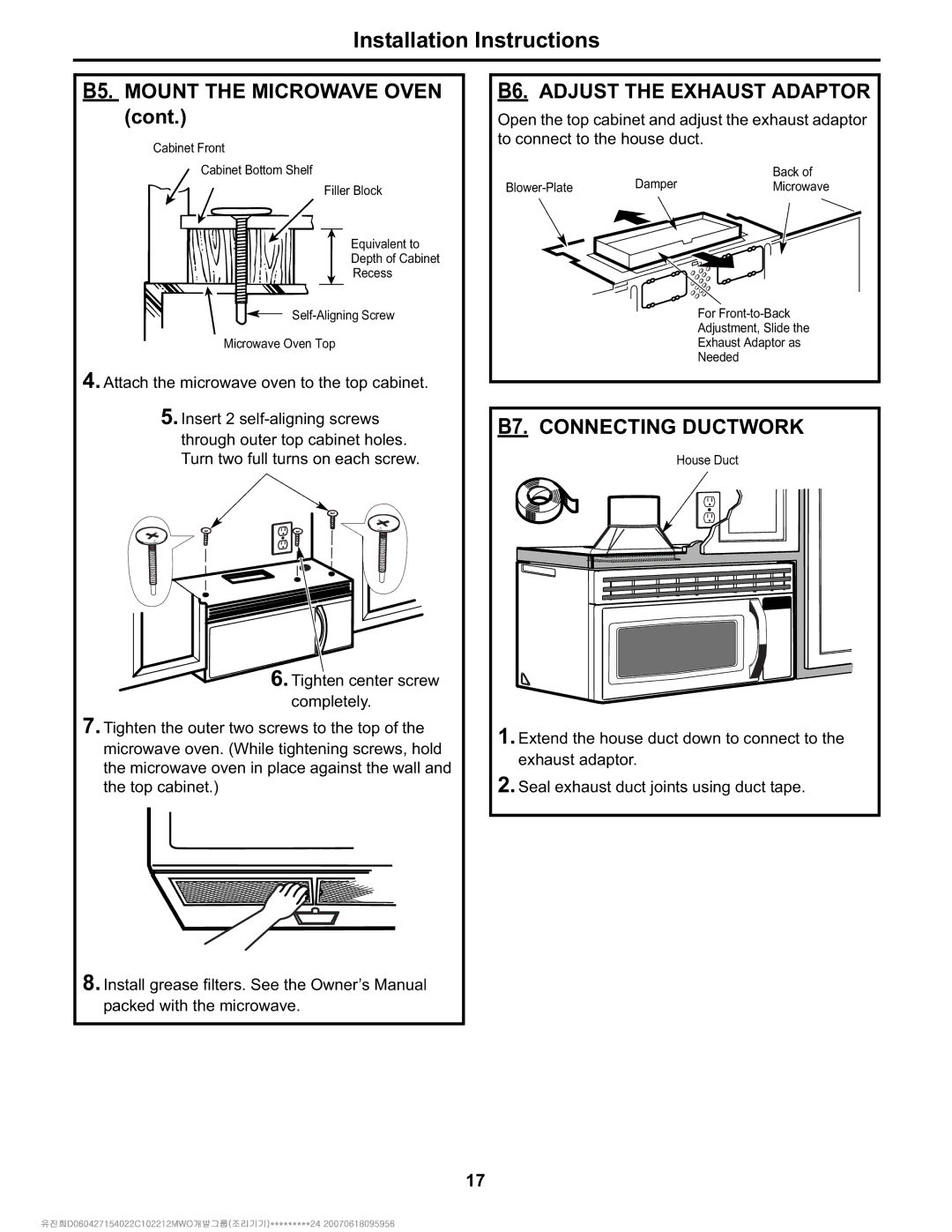 Electrolux Over The Range Microwave Oven B5. Mount the Microwave Oven, B6. Adjust the Exhaust Adaptor 