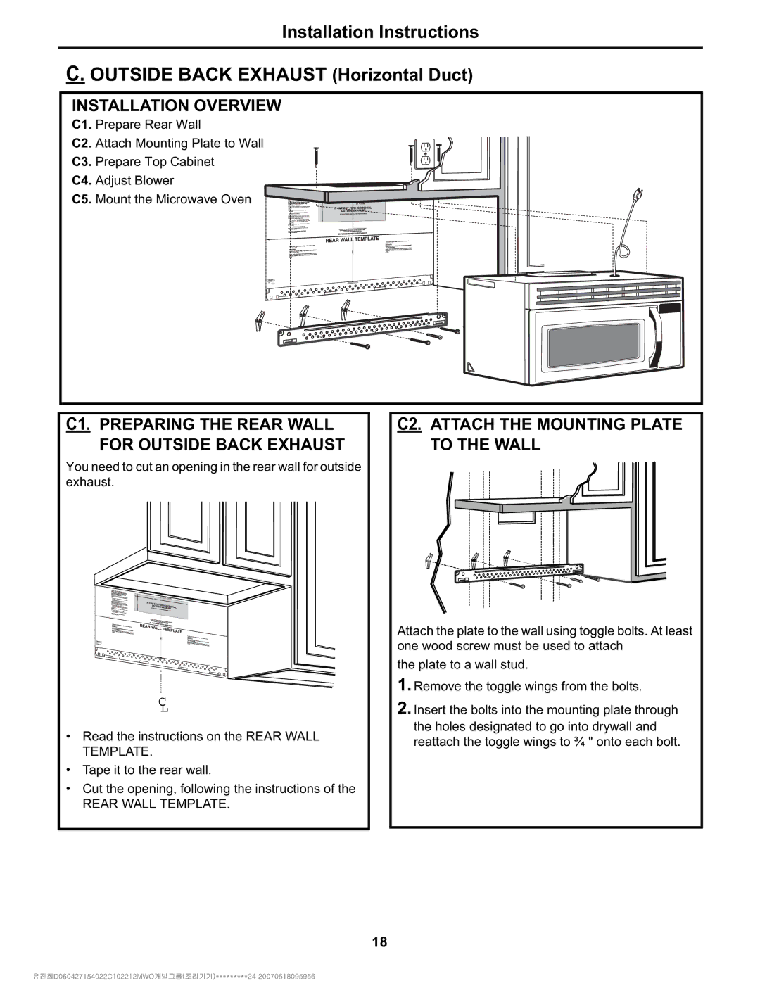 Electrolux Over The Range Microwave Oven C1. Preparing the Rear Wall, For Outside Back Exhaust, Plate to a wall stud 