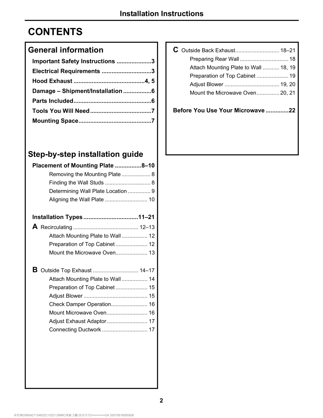 Electrolux Over The Range Microwave Oven installation instructions Contents 