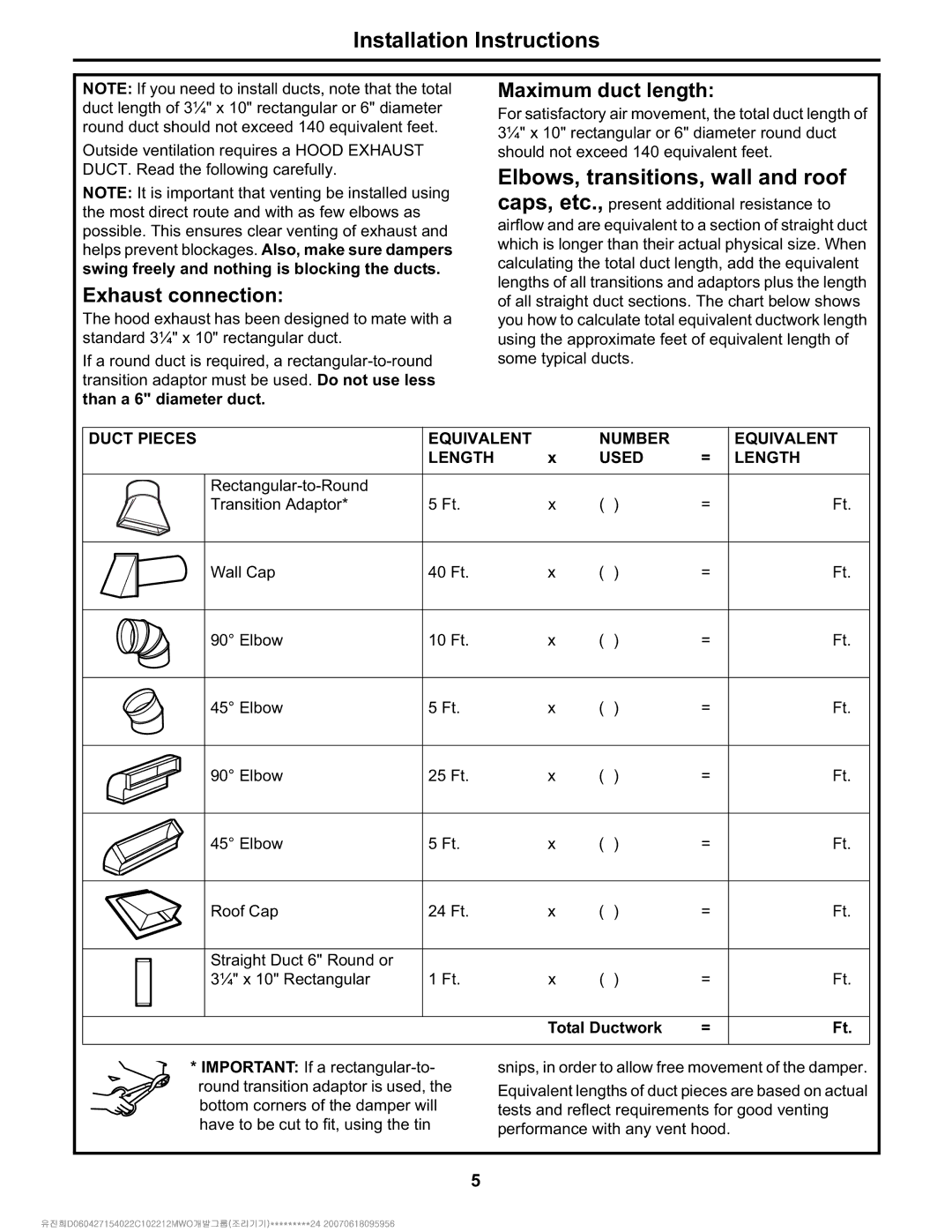 Electrolux Over The Range Microwave Oven installation instructions Maximum duct length, Exhaust connection 