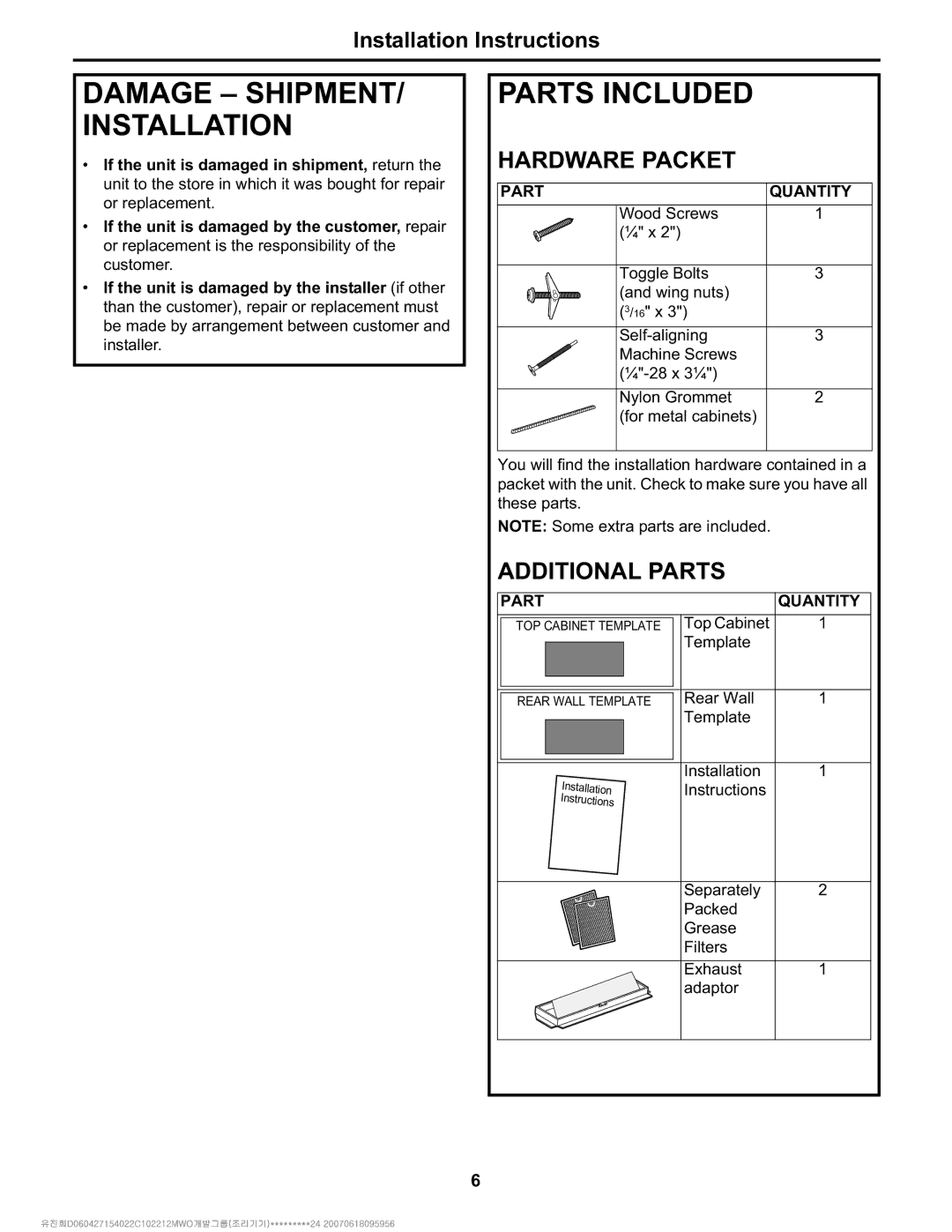 Electrolux Over The Range Microwave Oven Damage SHIPMENT/ Installation, Parts Included, Hardware Packet, Additional Parts 