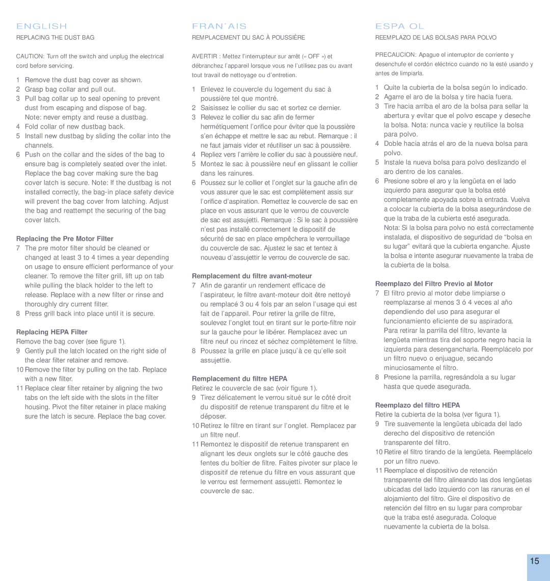 Electrolux OXYGEN manual Replacing the Pre Motor Filter, Replacing Hepa Filter, Remplacement du filtre avant-moteur 