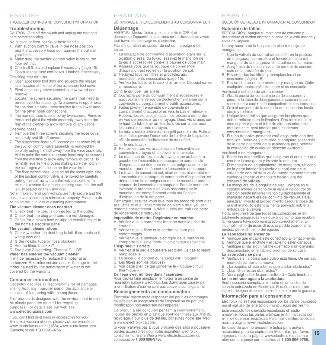 Electrolux OXYGEN Troubleshooting, Consumer information, Dépannage, Renseignements au consommateur, Solución de fallas 