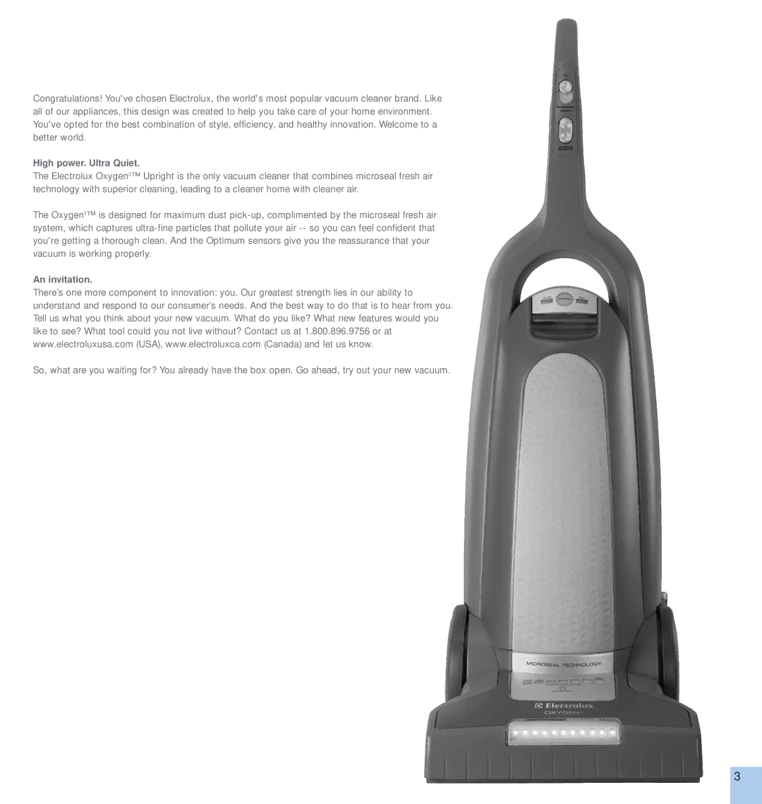 Electrolux OXYGEN manual High power. Ultra Quiet, An invitation 