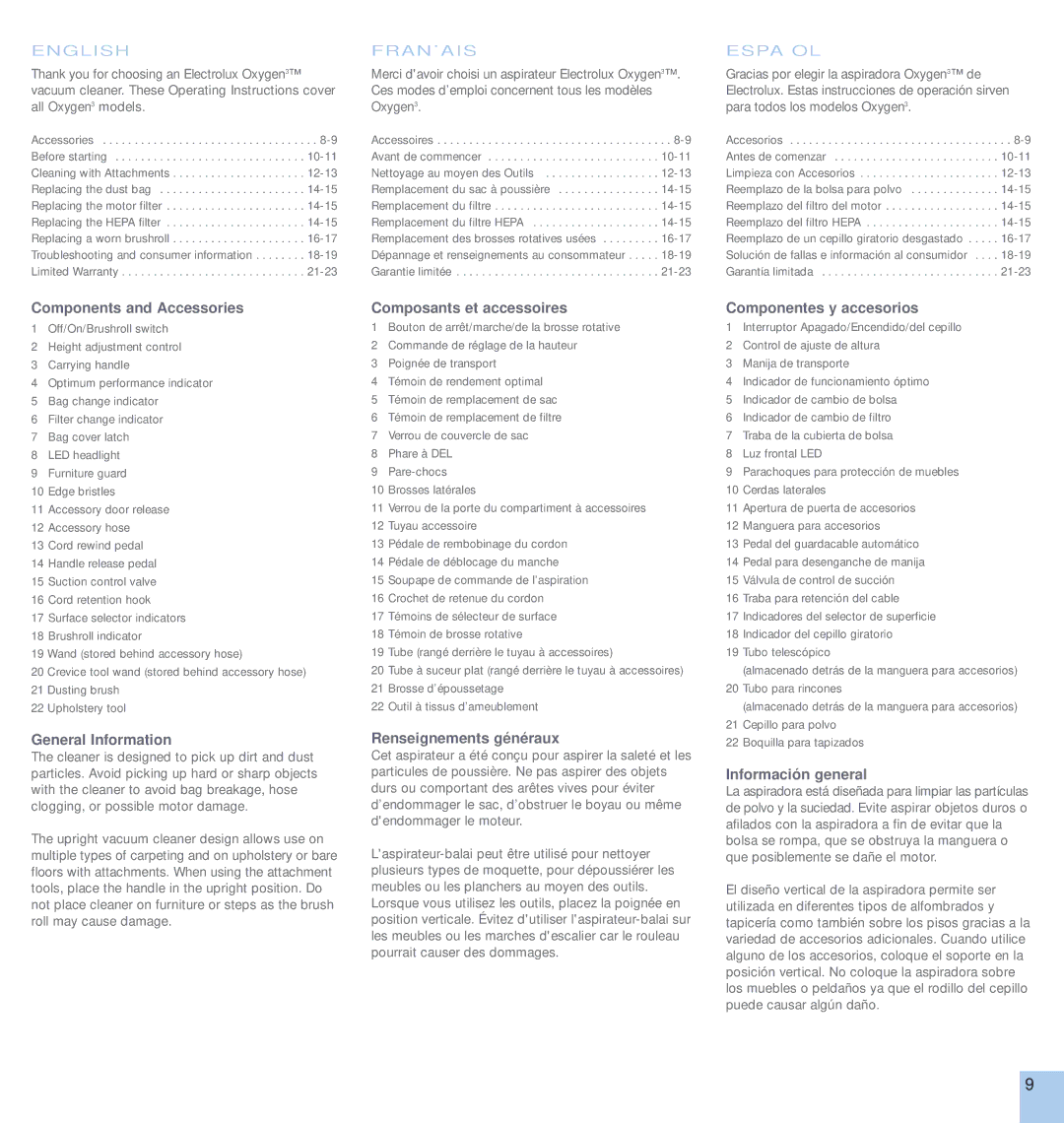 Electrolux OXYGEN Components and Accessories, General Information, Composants et accessoires, Renseignements généraux 