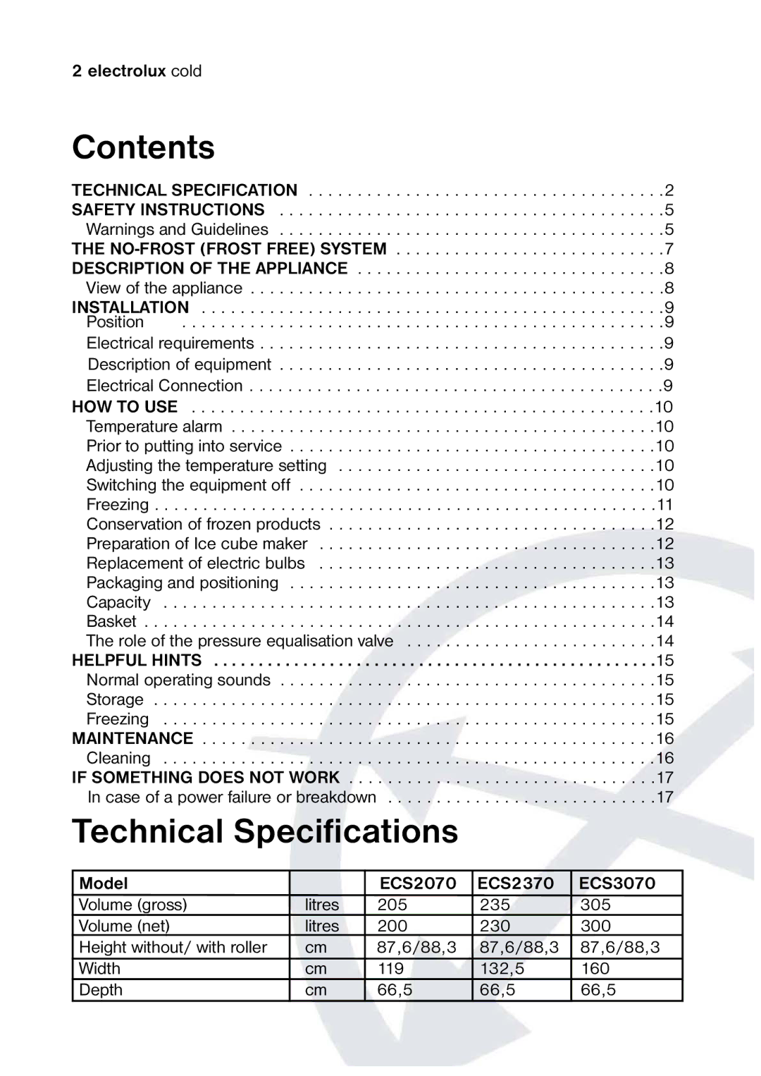 Electrolux P3 manual Contents, Technical Specifications 