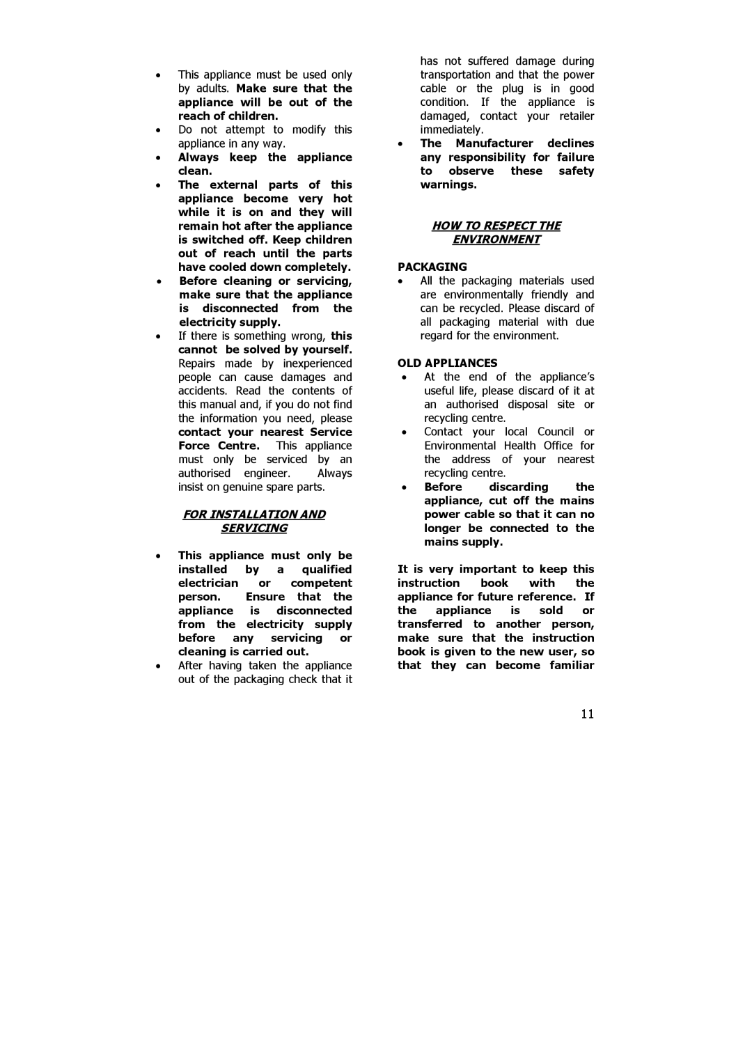 Electrolux PE 8036-M installation instructions For Installation Servicing, HOW to Respect Environment 