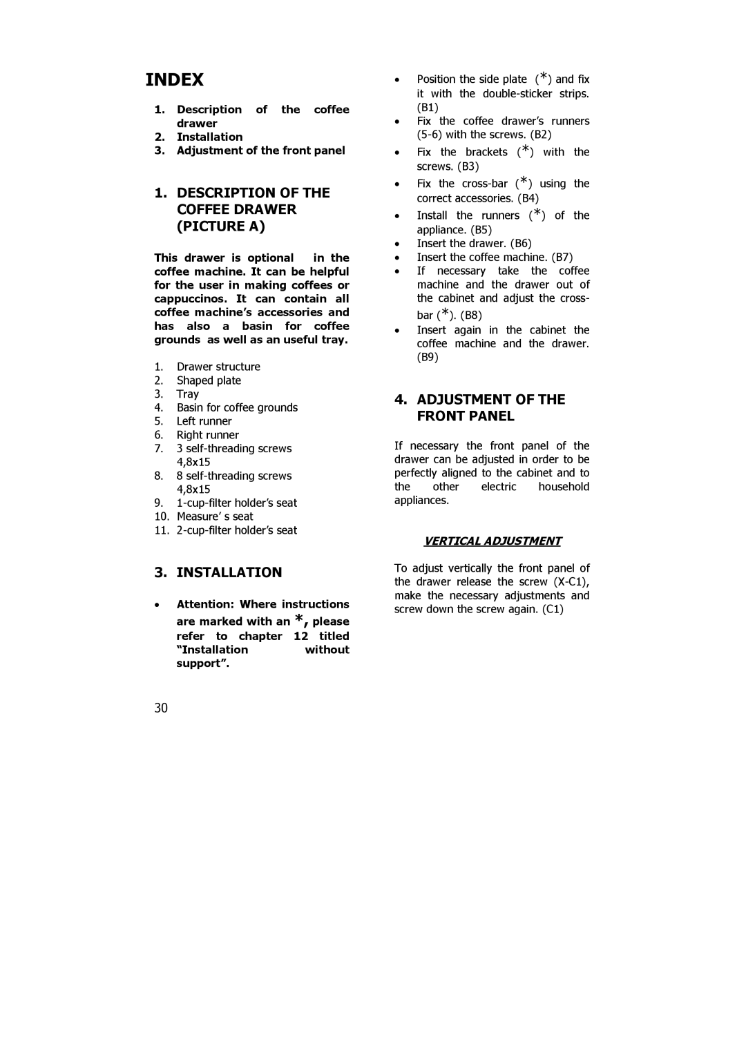 Electrolux PE 8036-M Description of the Coffee Drawer Picture a, Adjustment of the Front Panel, Vertical Adjustment 