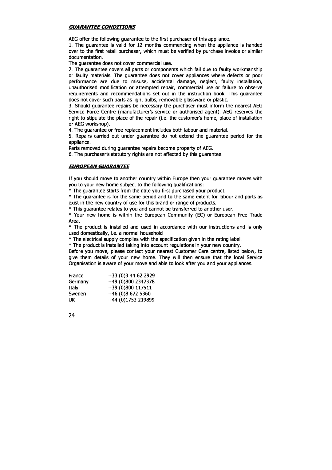 Electrolux PE 8036-M installation instructions Guarantee Conditions, European Guarantee 